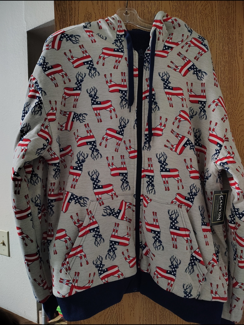 Canyon River Blues Men's Flag Reindeer Zip Hoodie - Gray/Red/Blue